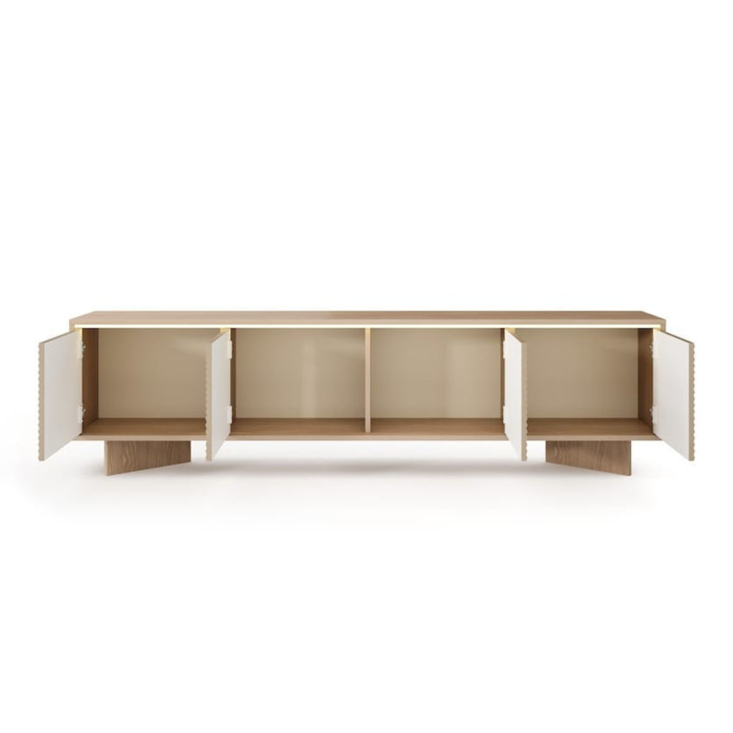 Modern wooden sideboard with open doors on a white background