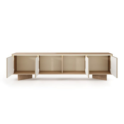 Modern wooden sideboard with open doors on a white background