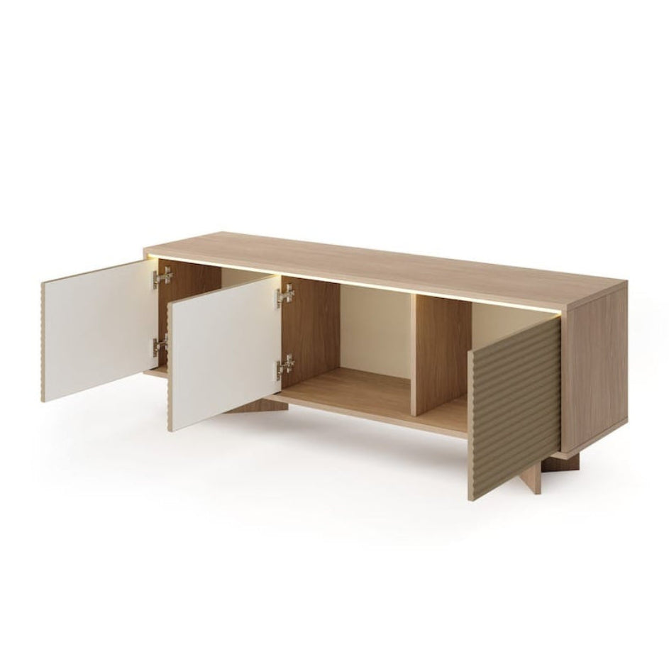 Wooden console table with open doors on a white background