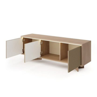 Wooden console table with open doors on a white background