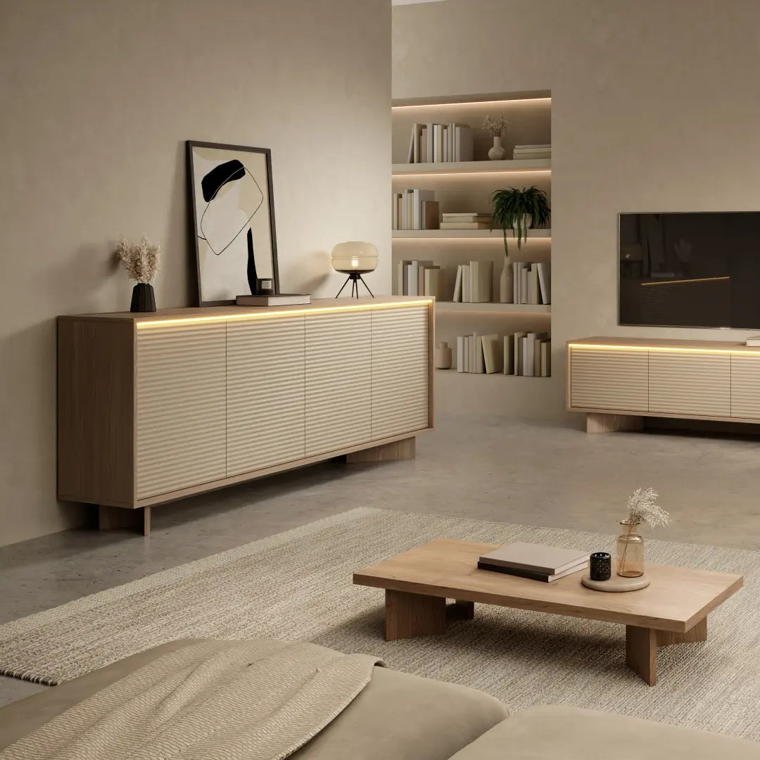 Modern living room with wooden furniture and decor