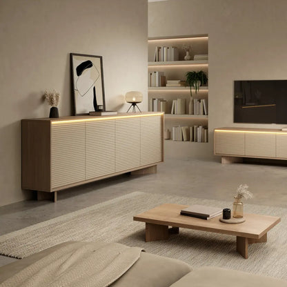 Modern living room with wooden furniture and decor