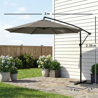 Outsunny 3 m Garden Cantilever Parasol with Cover, Round Overhanging Umbrella with 360Â° Rotation, Tilt, Grey