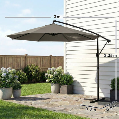 Outsunny 3 m Garden Cantilever Parasol with Cover, Round Overhanging Umbrella with 360 degrees Rotation, Tilt, Grey
