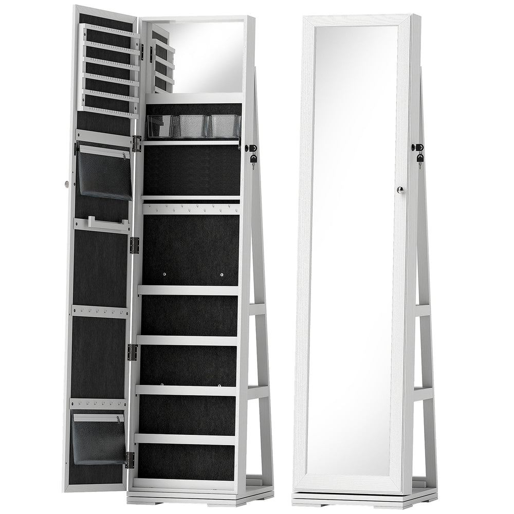 HOMCOM 360 degrees Swivel Jewellery Cabinet, Free Standing Full Length Mirror with Storage, Lockable Jewellery Organiser with Built-in Makeup Mirror and Storage Shelves for Bedroom, White