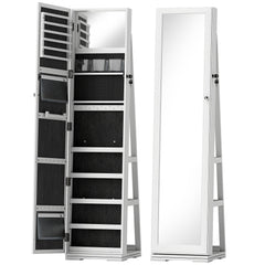 HOMCOM 360° Swivel Jewellery Cabinet, Free Standing Full Length Mirror with Storage, Lockable Jewellery Organiser with Built-in Makeup Mirror and Storage Shelves for Bedroom, White