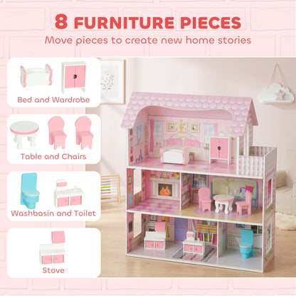 AIYAPLAY Dolls House, 6 Rooms Modern Dollhouse with LED Lights, 8 Furniture Pieces, 3-Level Playhouse Gift for Kids 3-6 Years