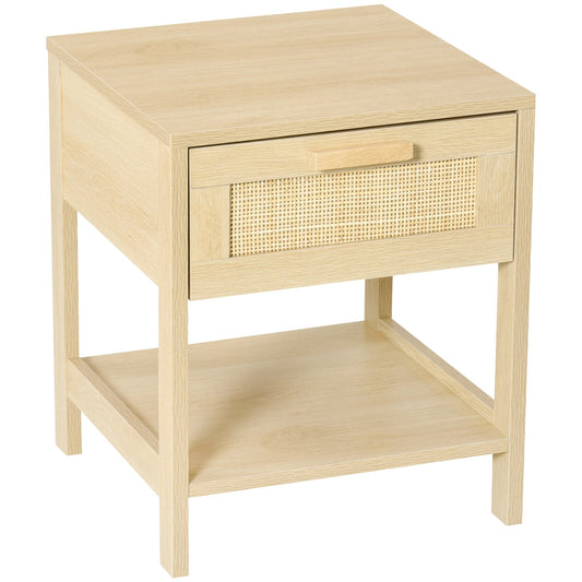 Nightstand with Rattan Drawer and Storage Shelf, Bedside End Table for Bedroom, Living Room Organizer