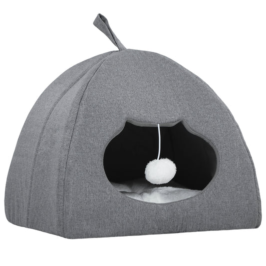PawHut Cat Cave Bed for Indoor Kittens, Cat House with Removable Cushion and Teaser Ball, Kitty Igloo with Anti-Slip Base, 42 x 42 x 39 cm, Grey