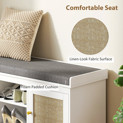 HOMCOM Boho Shoe Storage Bench with Padded Cushion and Rattan Doors - White