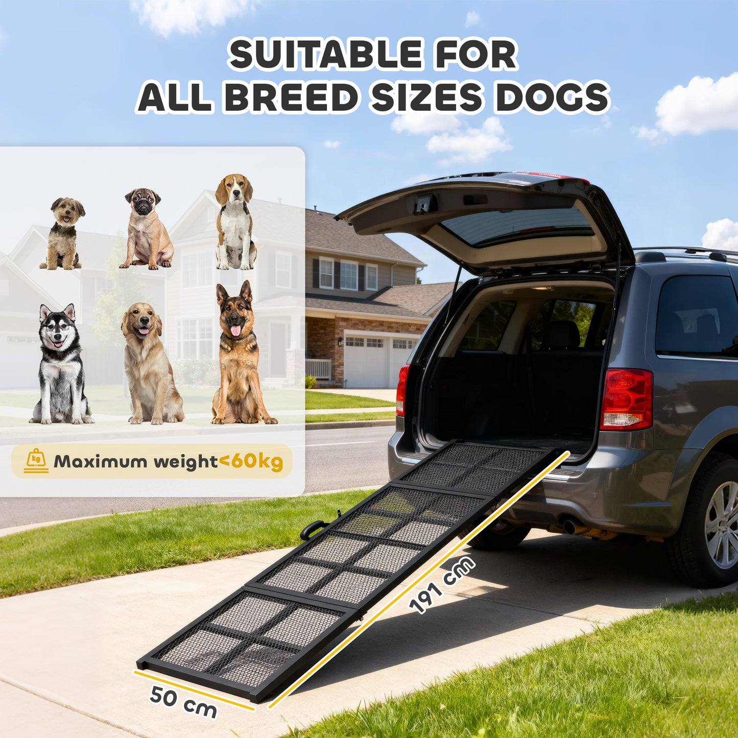 PawHut 191 x 20cm Dog Ramp for Car, Extra Long Pet Stairs with Non-Slip Surface, for Large Dogs, Black