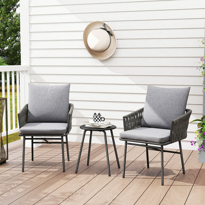Outsunny 3-Piece Rattan Bistro Set, Garden Table and Chairs with 4 Cushions, Patio Rattan Conversation Furniture Set for Balcony, Porch, Terrace, Grey