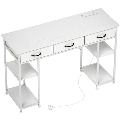 HOMCOM 120cm Computer Desk with Power Outlets, Office Desk Study Table with 3 Fabric Drawers and 4 Storage Shelves, White