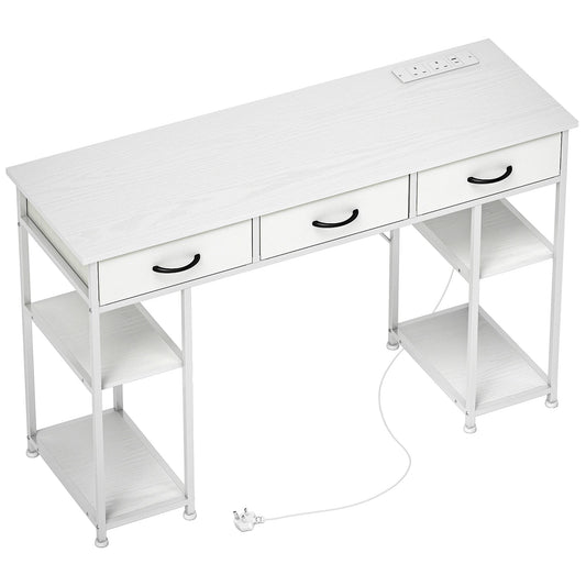 HOMCOM 120cm Computer Desk with Power Outlets, Office Desk Study Table with 3 Fabric Drawers and 4 Storage Shelves, White