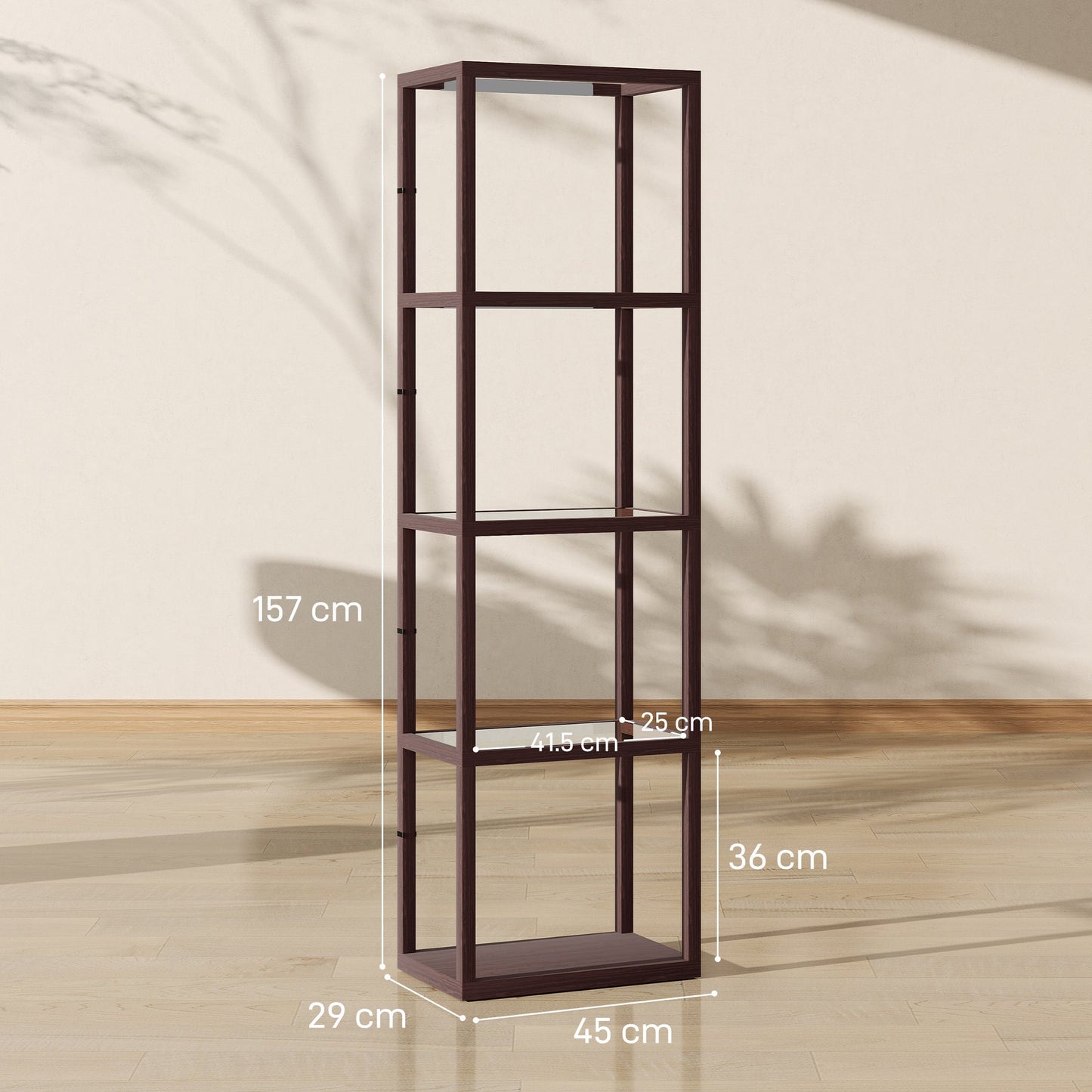 HOMCOM LED Floor Lamp with Glass Shelves, 4 Layers Dimmable Tall Standing Lamp, Modern Column Shelf Floor Light for Living Room, Bedroom, Office, Dark Brown