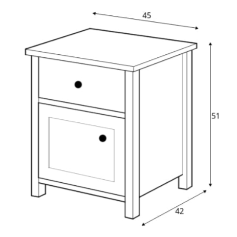 Line drawing of a nightstand with dimensions labeled