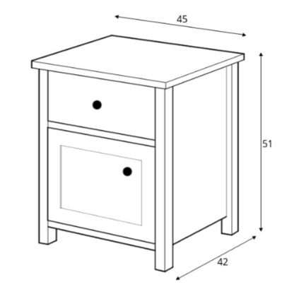 Line drawing of a nightstand with dimensions labeled