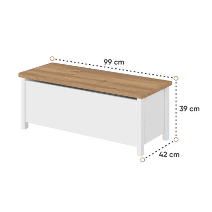 White desk with wooden top and dimensions on a white background