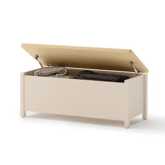 Beige storage bench with open lid on a white background