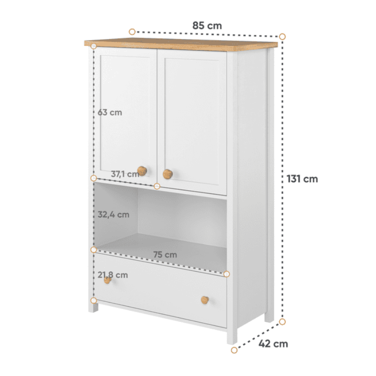White cabinet with dimensions labeled on a white background