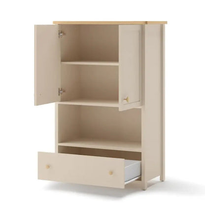 Beige cabinet with open doors and a drawer on a white background