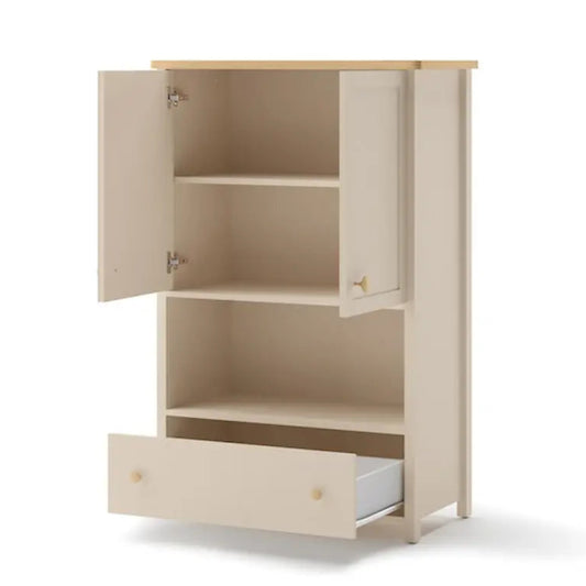 Beige cabinet with open doors and a drawer on a white background