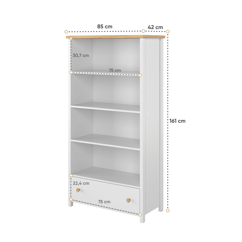 White bookshelf with dimensions labeled on a white background