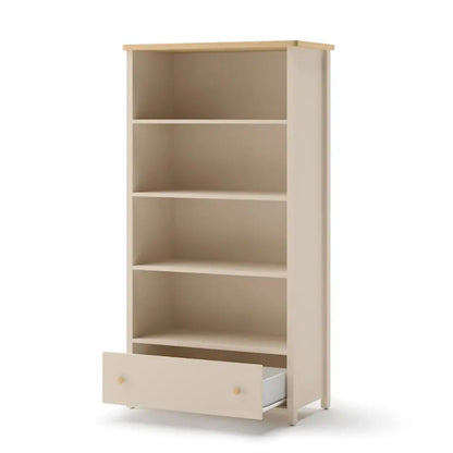 Beige bookshelf with a drawer on a white background