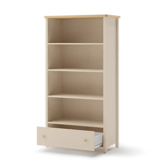 Beige bookshelf with a drawer on a white background