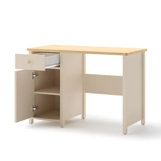Small desk with a light wood top and white base on a white background