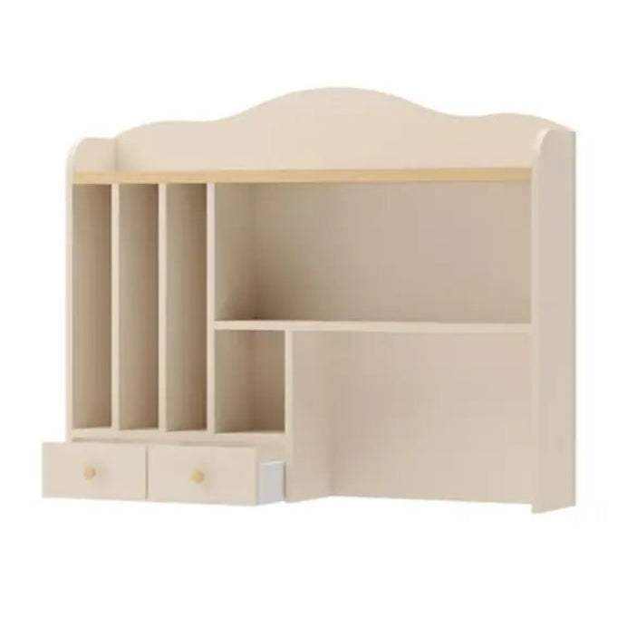 Beige corner cabinet with open shelves and drawers on a white background