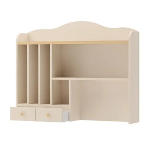 Beige corner cabinet with open shelves and drawers on a white background
