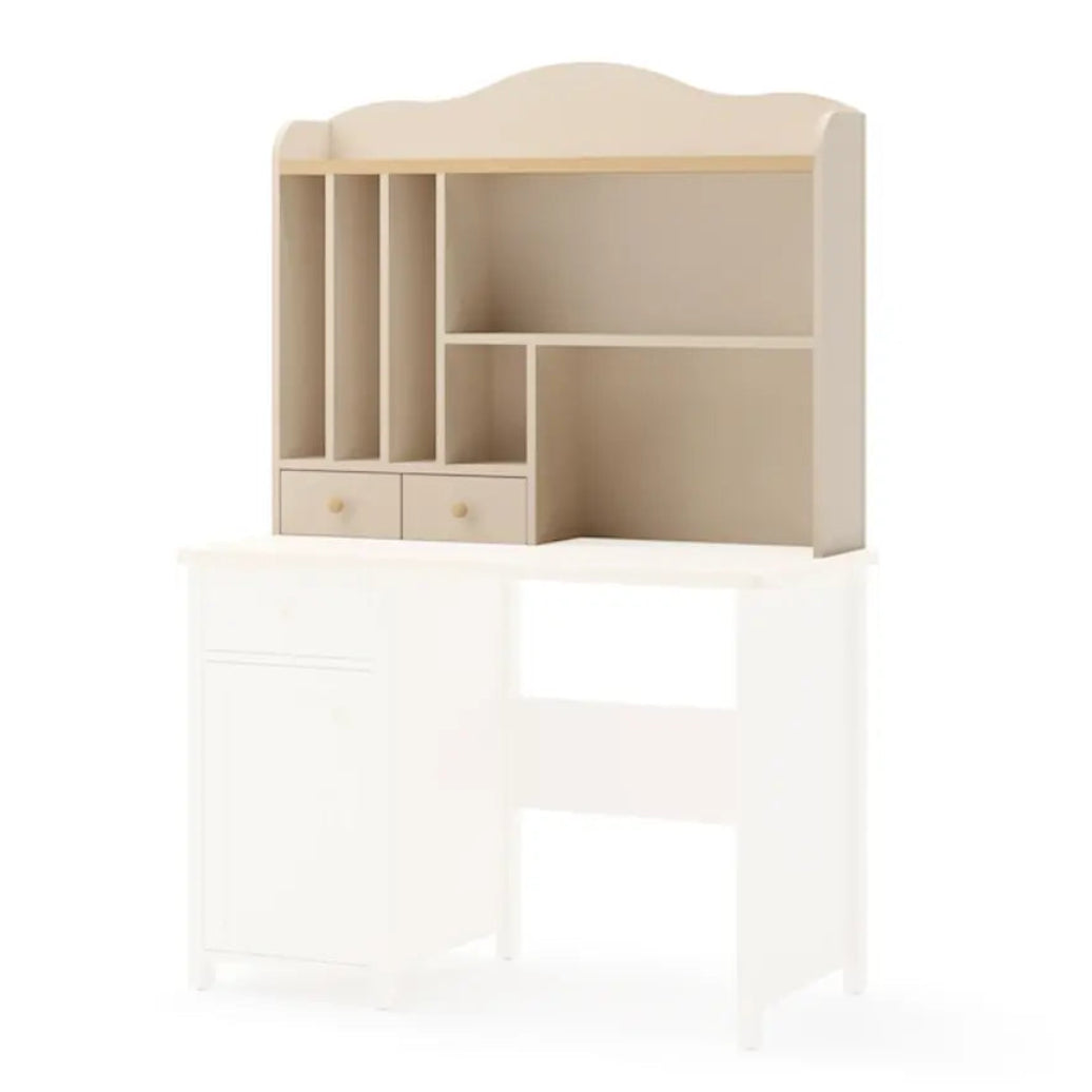 Beige corner shelf unit with storage compartments on a white background