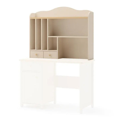 Beige corner shelf unit with storage compartments on a white background