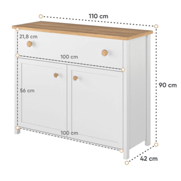 White sideboard with wooden top and dimensions on a white background