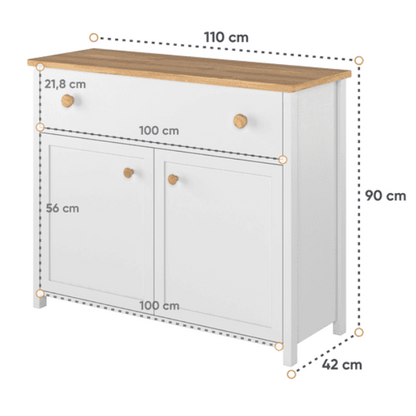 White sideboard with wooden top and dimensions on a white background