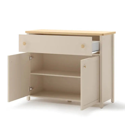 Beige sideboard with wooden top on a white background