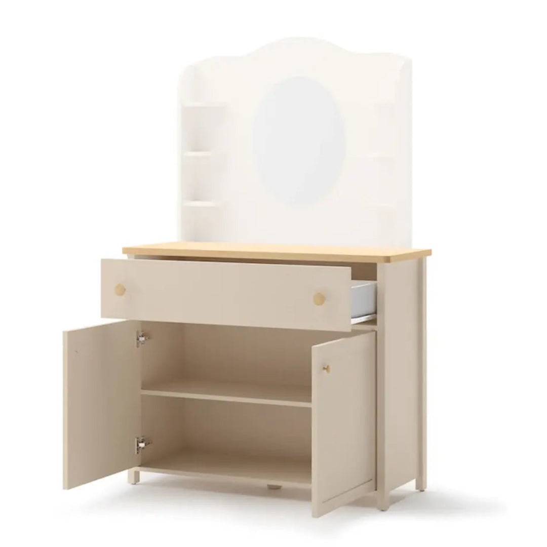 Beige cabinet with a wooden top on a white background