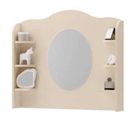 Beige wall-mounted shelf with a round mirror and decorative items on a white background