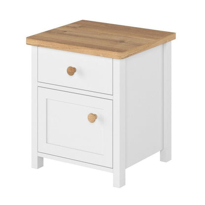 White nightstand with wooden top and drawers on a white background