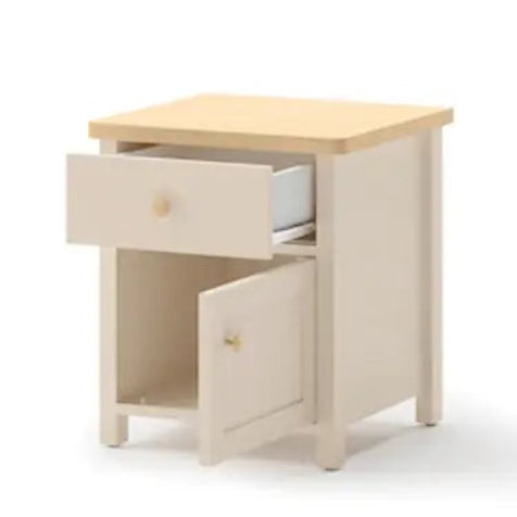 Small wooden desk with a drawer on a white background