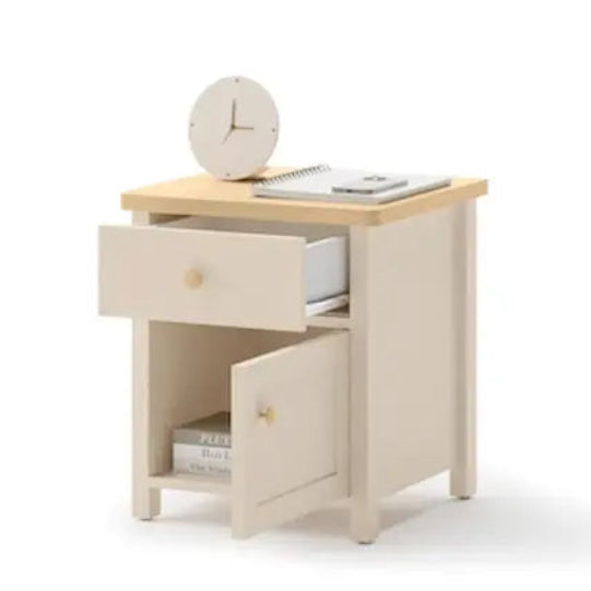 Small wooden desk with a clock and book on a white background