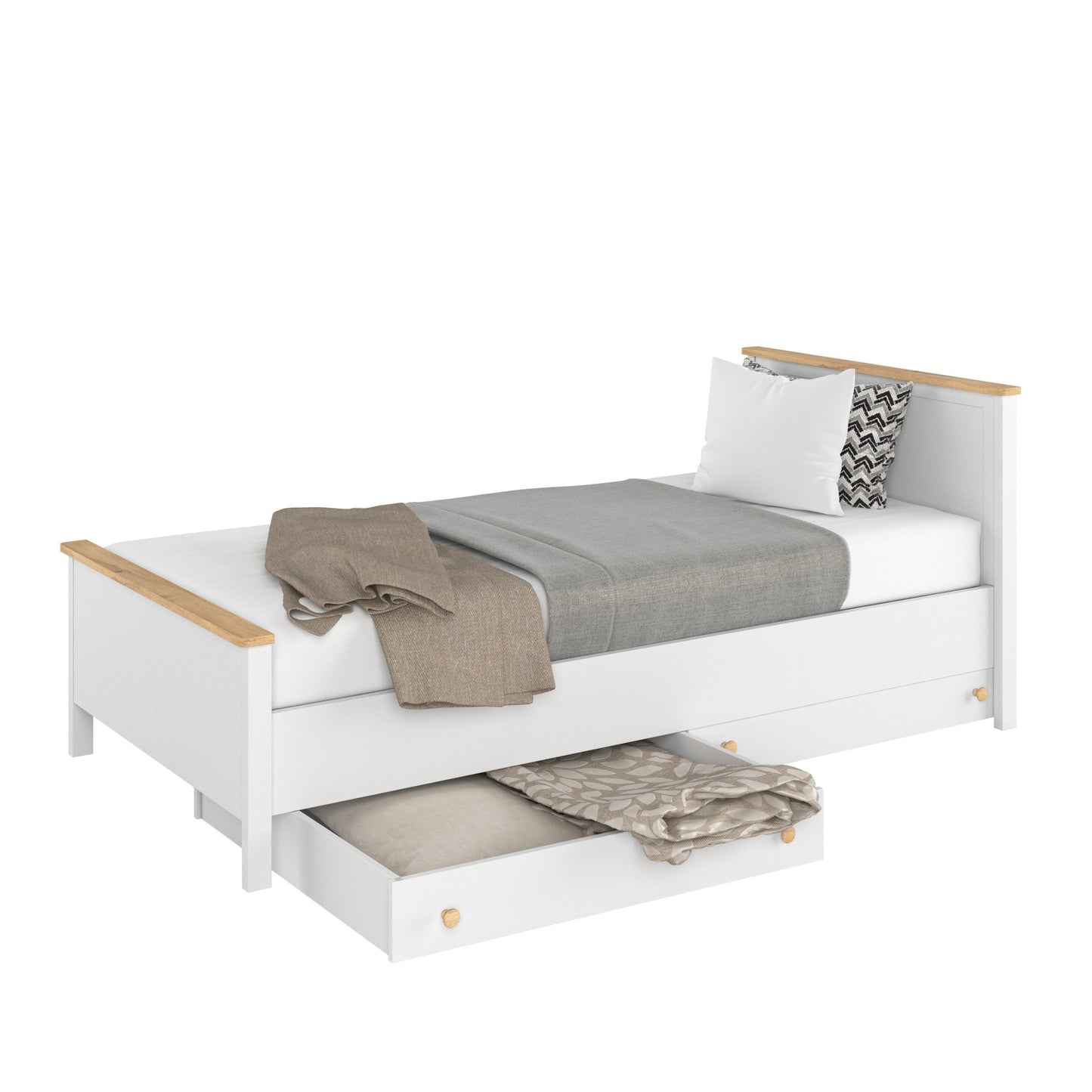 White bed with wooden accents and bedding on a white background