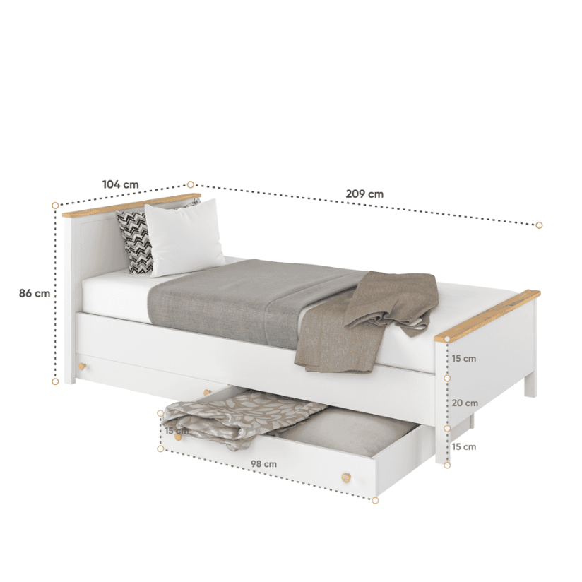White bed with wooden frame and measurements on a white background
