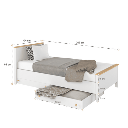 White bed with wooden frame and measurements on a white background