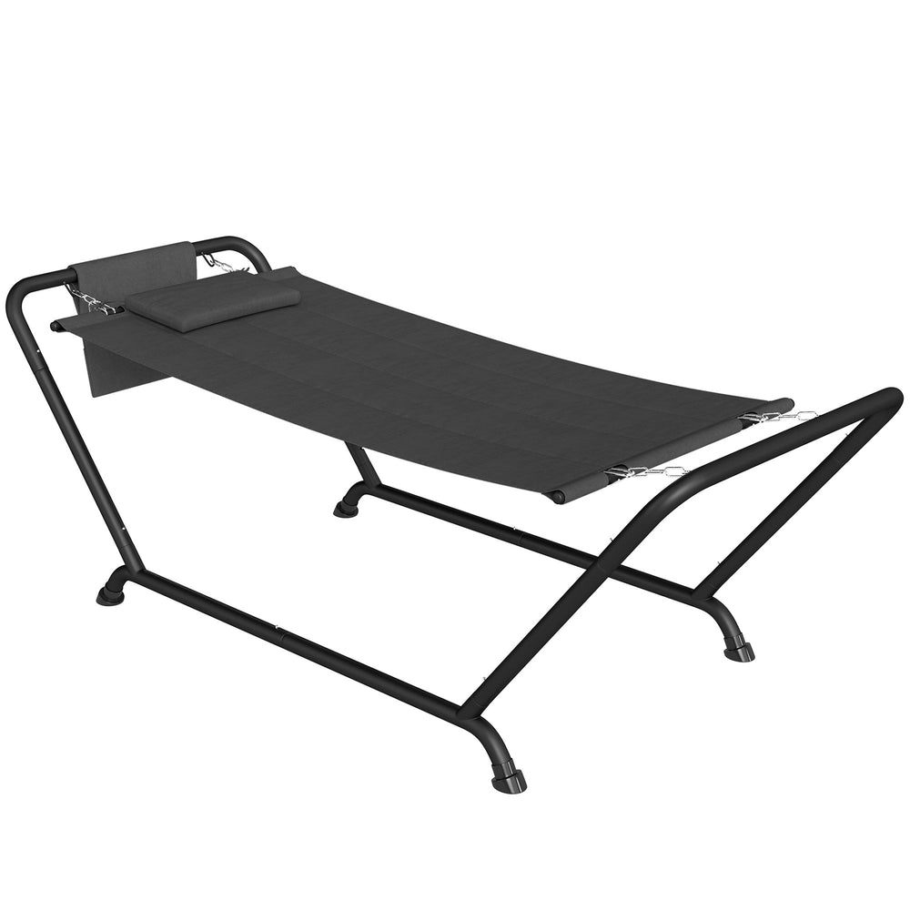 Outsunny Outdoor Hammock with Stand, Freestanding Hammock with Side Pocket, Headrest for Patio, Balcony, Porch, Dark Grey