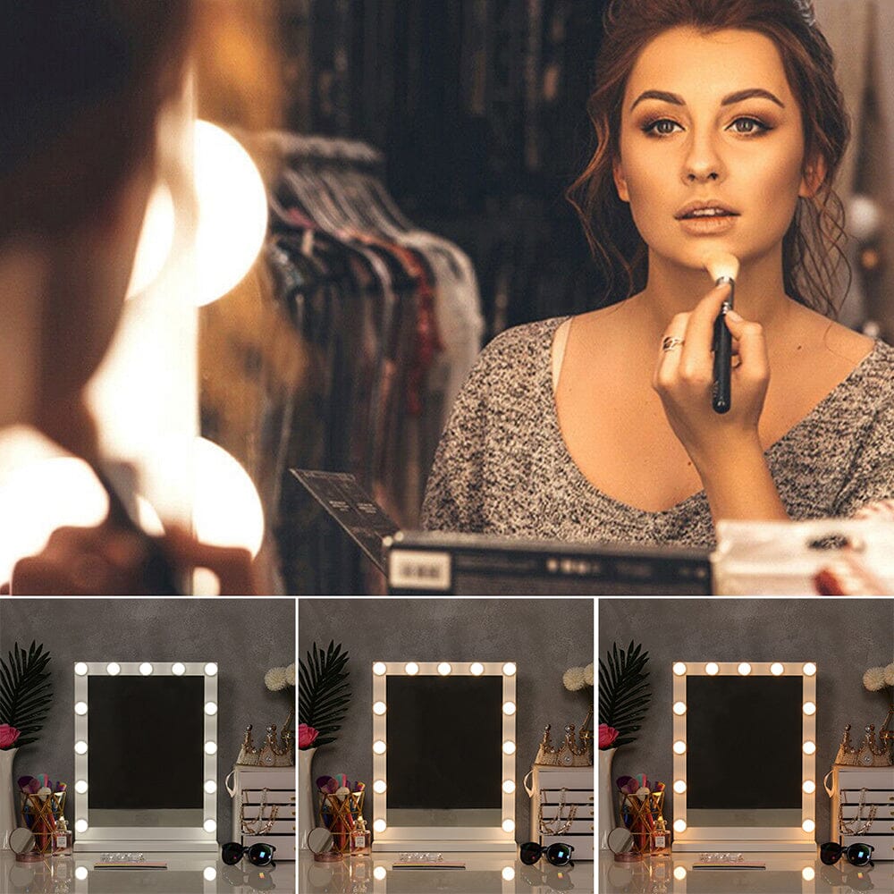 Hollywood Style Lighted Rectangular Makeup Mirror with Base