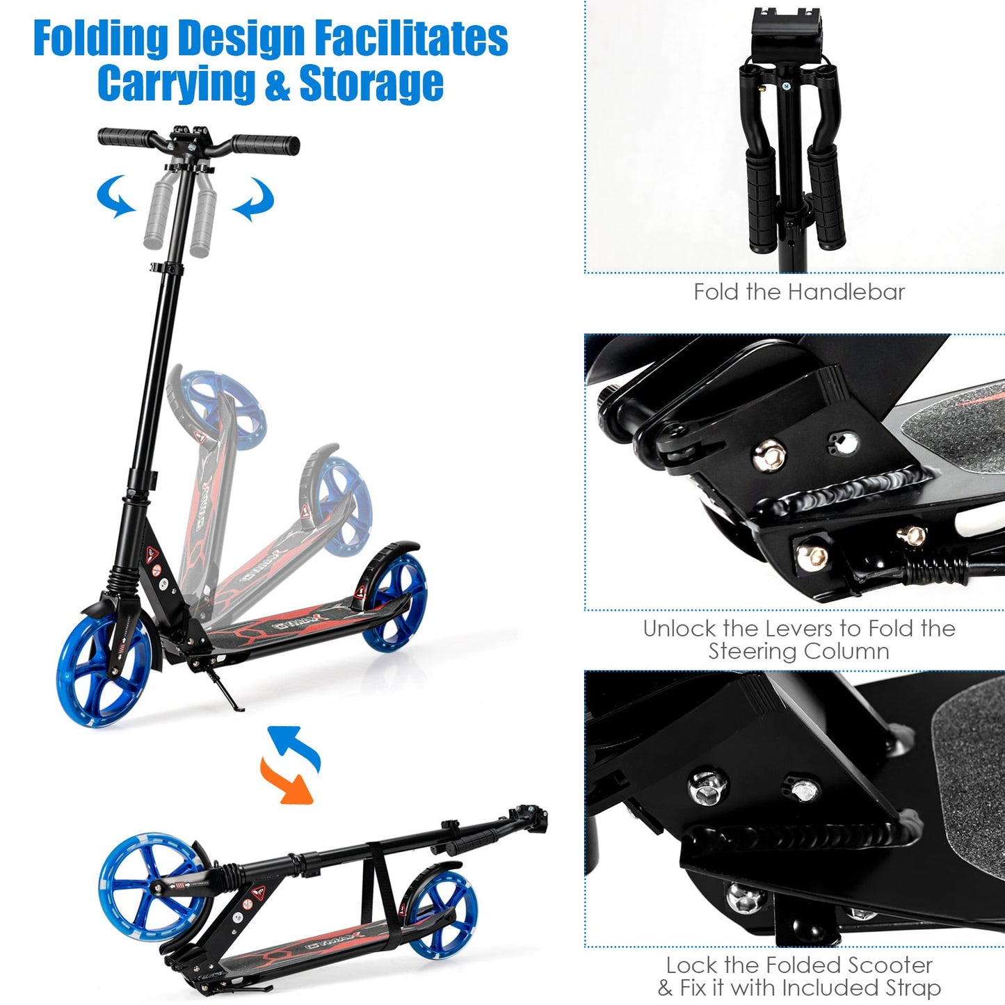 Folding Kick Scooter with Large Wheels for Age 8+ Kids Teens Adults-Black