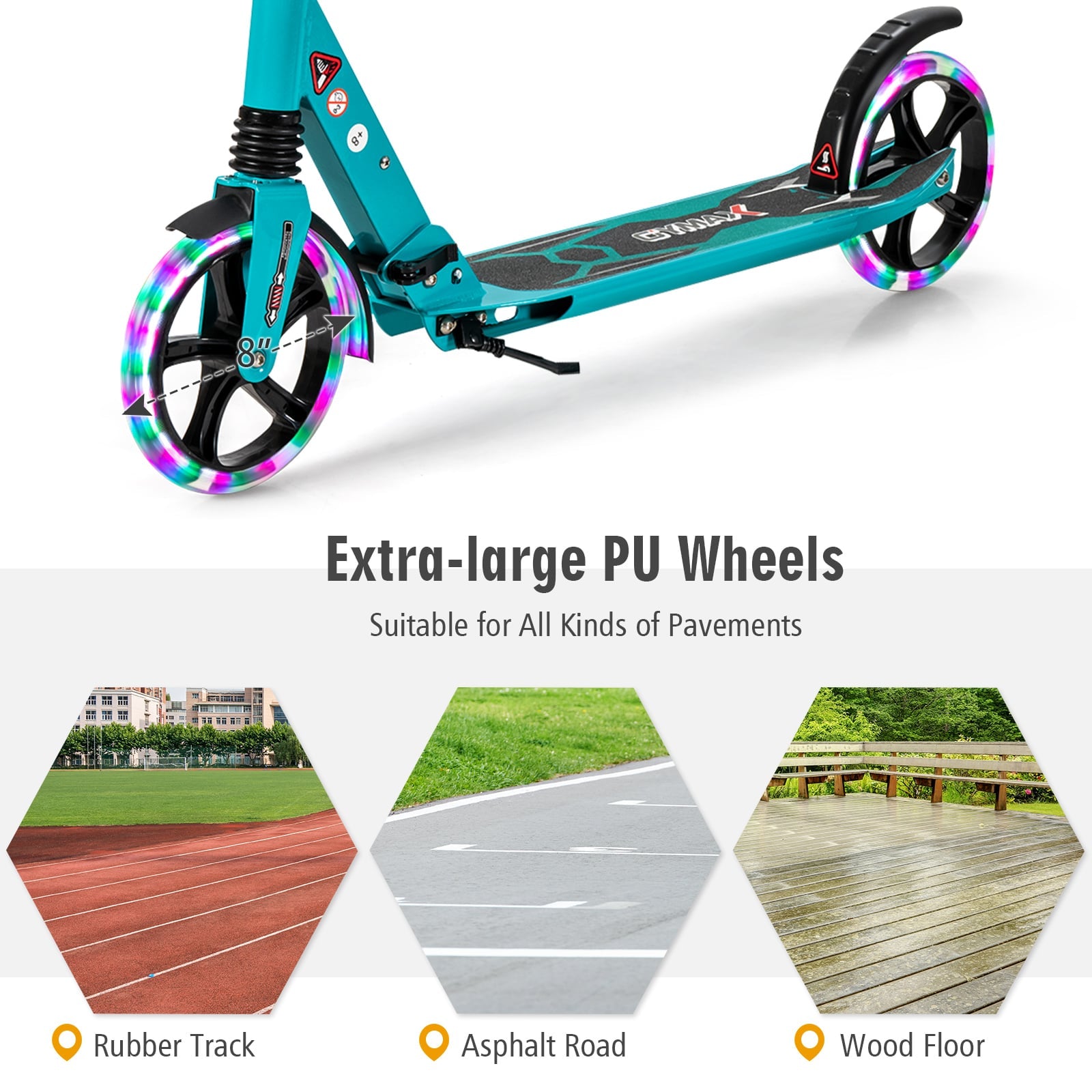 Folding Kick Scooter with Large Wheels for Age 8+ Kids Teens Adults-Turquoise