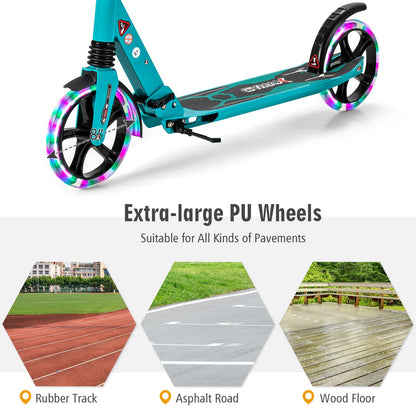 Folding Kick Scooter with Large Wheels for Age 8+ Kids Teens Adults-Turquoise